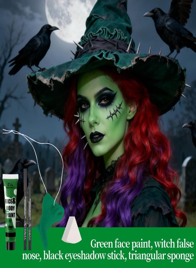PASNOWFU Halloween Makeup Kit for Witch, Complete SFX Costume Set with Green Face Paint, Witch Fake Nose, Water-Based Face Paint Set for Halloween Cosplay SFX Makeup, Costume Parties, Theater - Image 2
